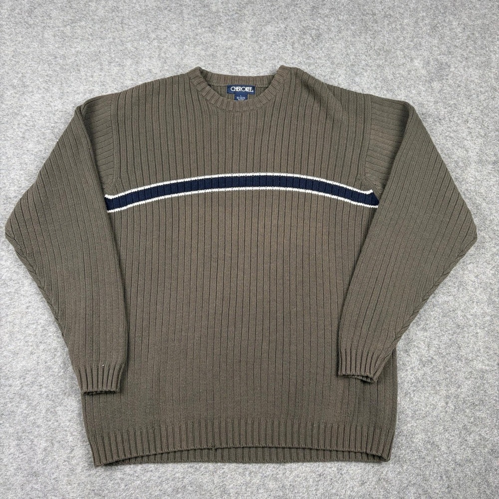 Cherokee Sweater Mens Large Brown Ribbed Knit Striped Crewneck Old Money Outdoor
